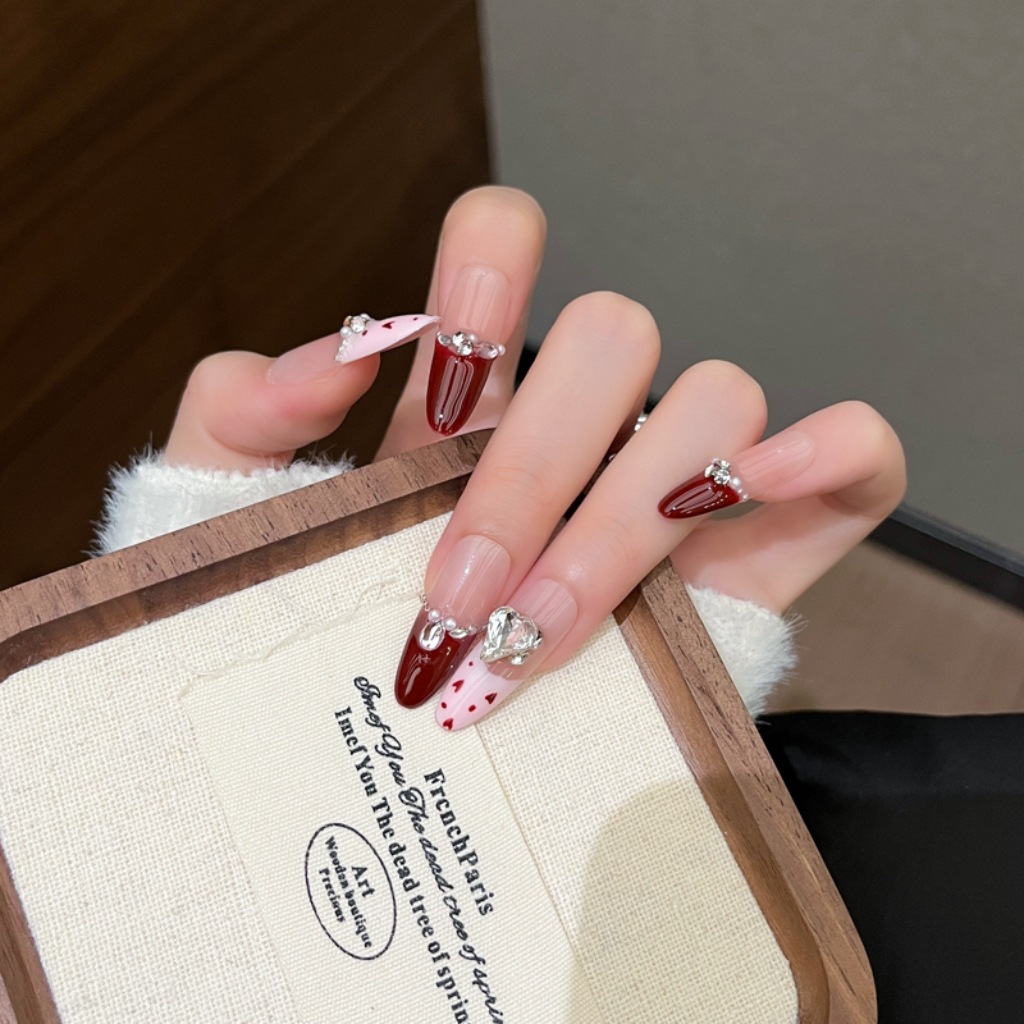 Uña roja francesa larga mano de vestir otoño invierno de vestir parches de uñas de uñas falsas sensación de alta calidad