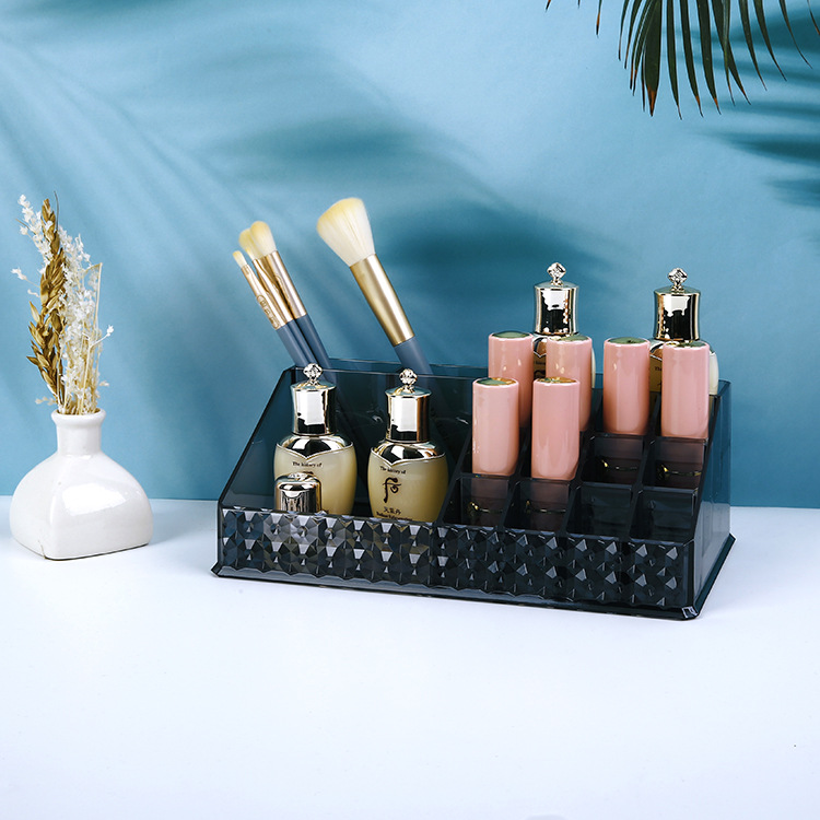 半透明化妆收纳盒 黑色钻石纹化妆品 口红架卸妆棉美妆组合收纳盒
