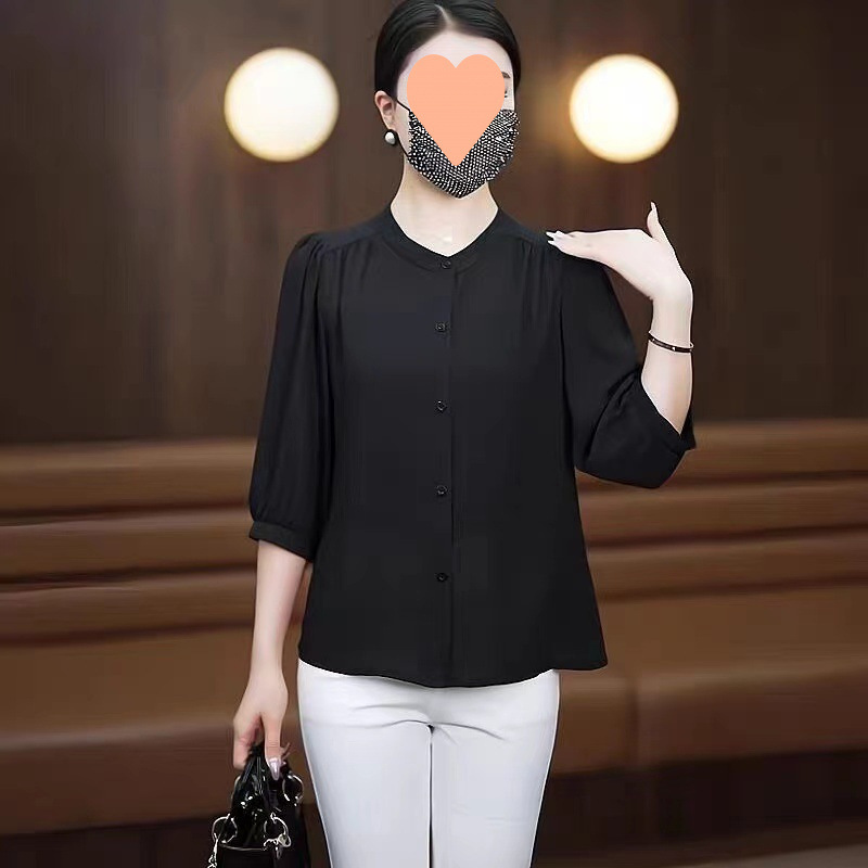 高端衬衣妈妈宽松夏季新款小衫七分袖纯色中袖薄款衬衫上衣女|undefined