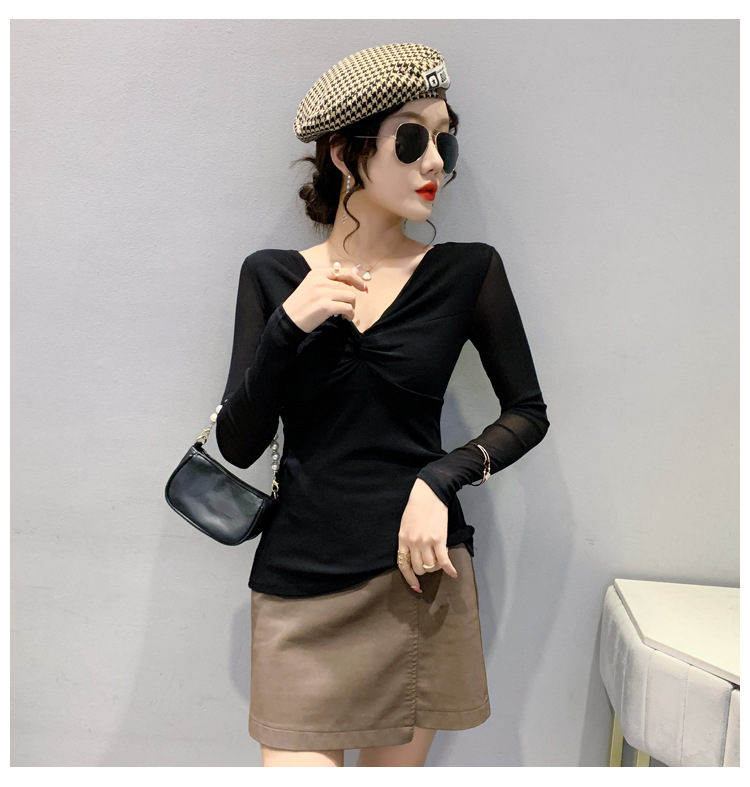 T-shirt da donna slim in rete a maniche lunghe con camicia slim a fondo incrociato_voghion.com