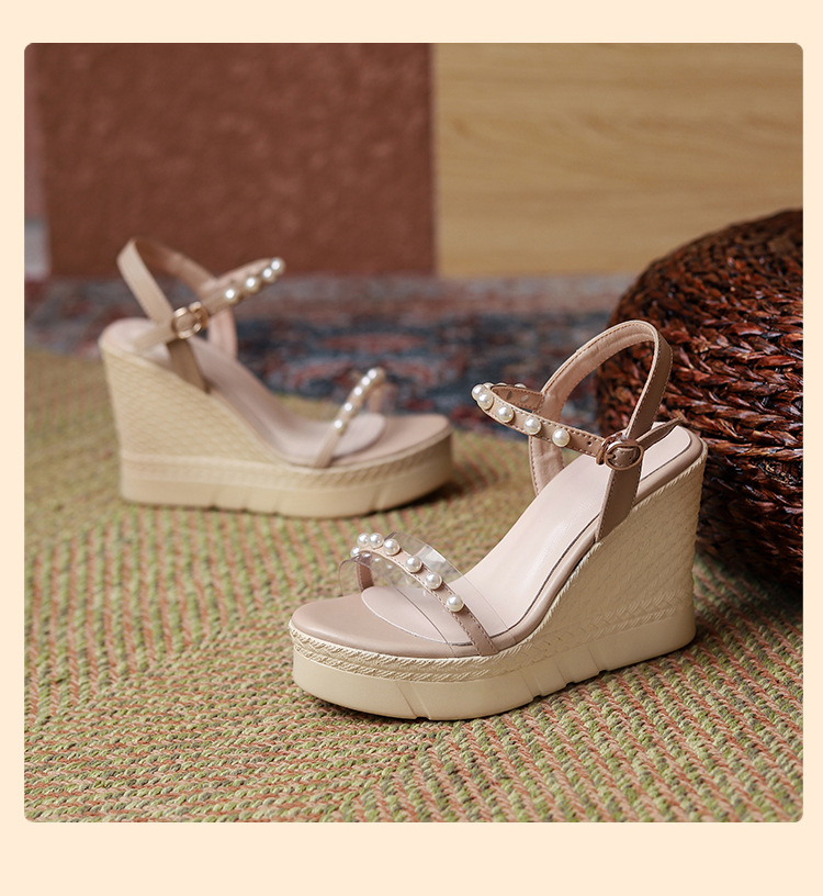 Sandal cao gót nữ hở mũi quai ngang đính ngọc trai, đế xuồng dày dáng La Mã — màu trắng, màu mơ chi tiết 10