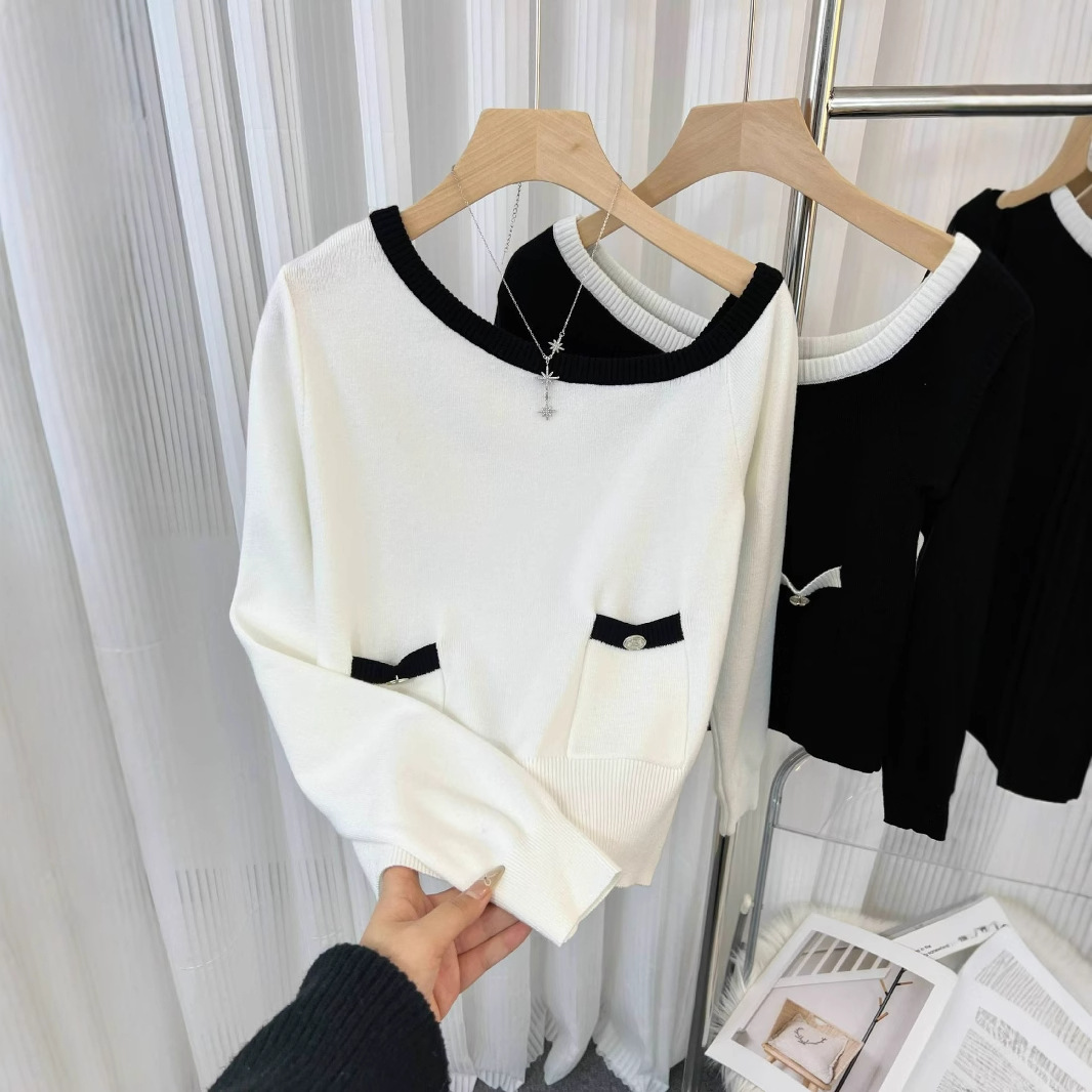 气质小香风2024春秋季时尚宽松百搭一字领露肩爱心钮扣口袋针织衫