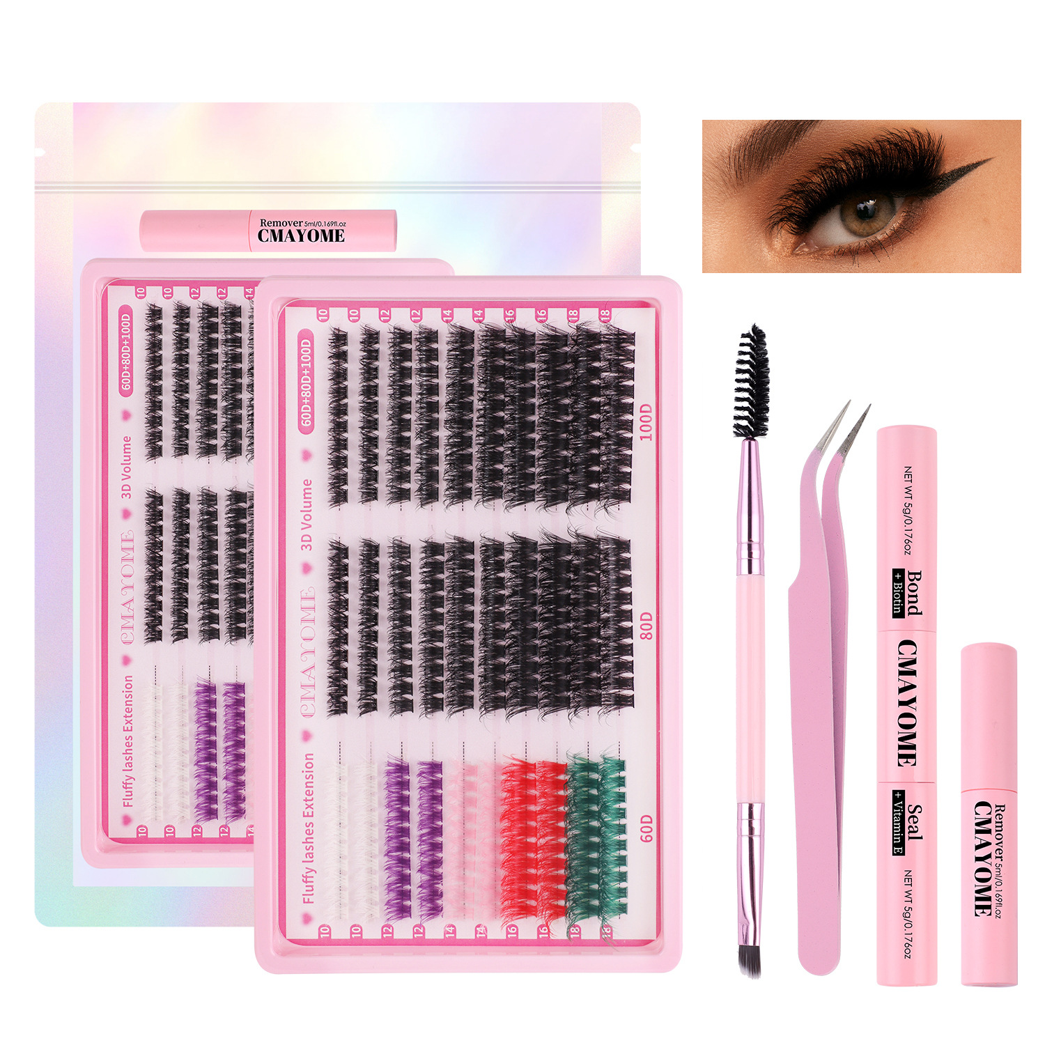 Cross border foreign trade 300 clusters of dense D curved color single cluster false eyelashes set 10 18mm DIY segmented eyelashes_voghion.com