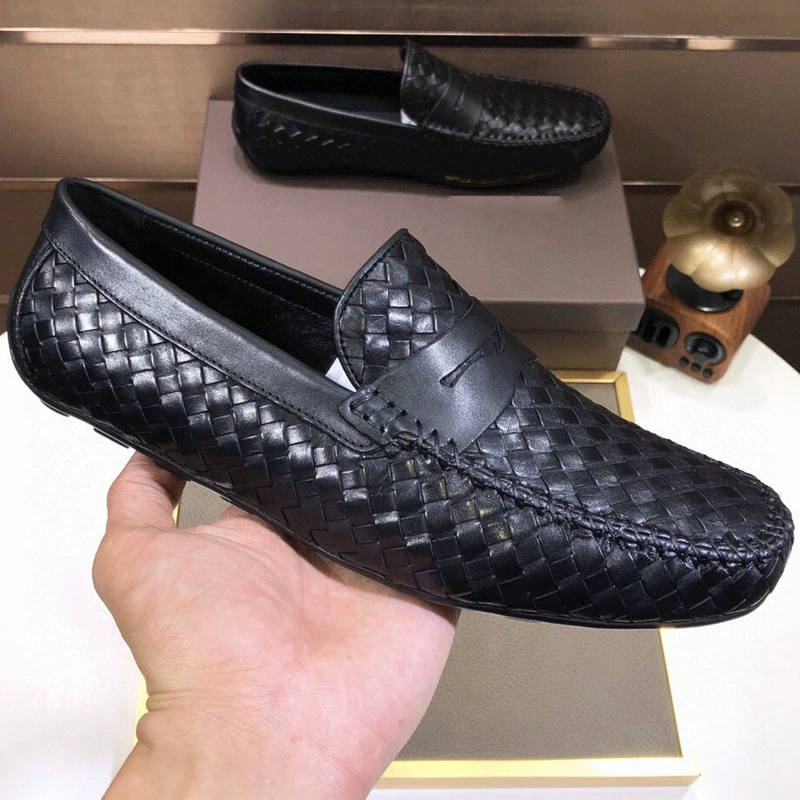 Мужские кожаные слипоны в европейском стиле, плетеные, из натуральной кожи, повседневные, деловые, британский стиль.
