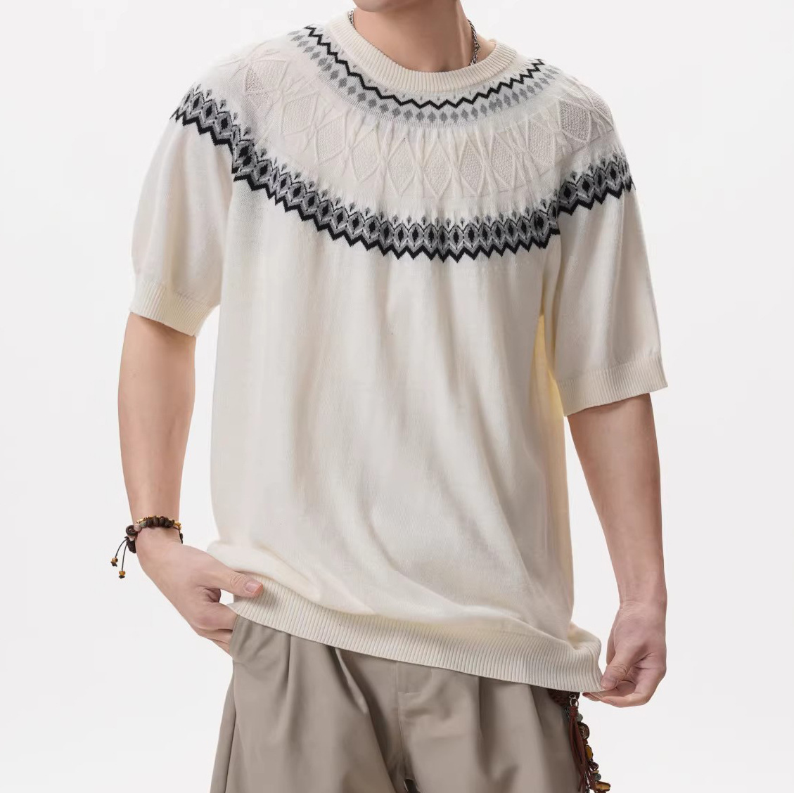 Camiseta de punto de cuello redondo Jacquard hombre de verano fábrica de hielo al por mayor camiseta de manga corta