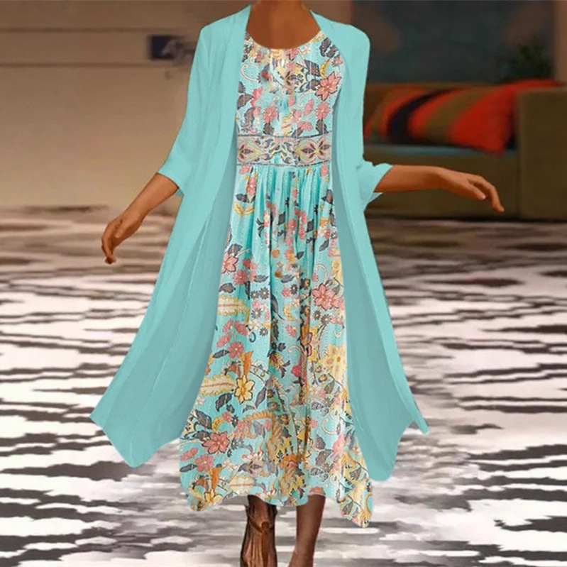 Amazon new cross-border 2021 popular long-sleeved printed cardigan dress chiffon loose waist temperament commuter women's clothing