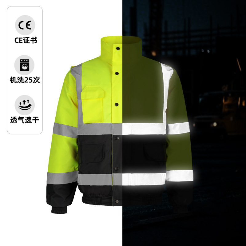 Ropa reflectante al por mayor abrigo de algodón reflectante multibolsillo cálido de invierno manga larga 300d chaqueta reflectante impermeable de tela Oxford