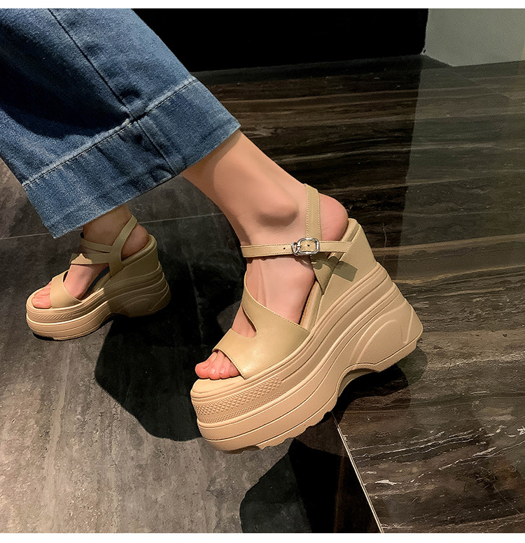 Sandal cao gót nữ hở mũi đế xuồng platform da bò thật, gót 12 cm, phong cách La Mã — màu đen, màu trắng, màu mơ chi tiết 12