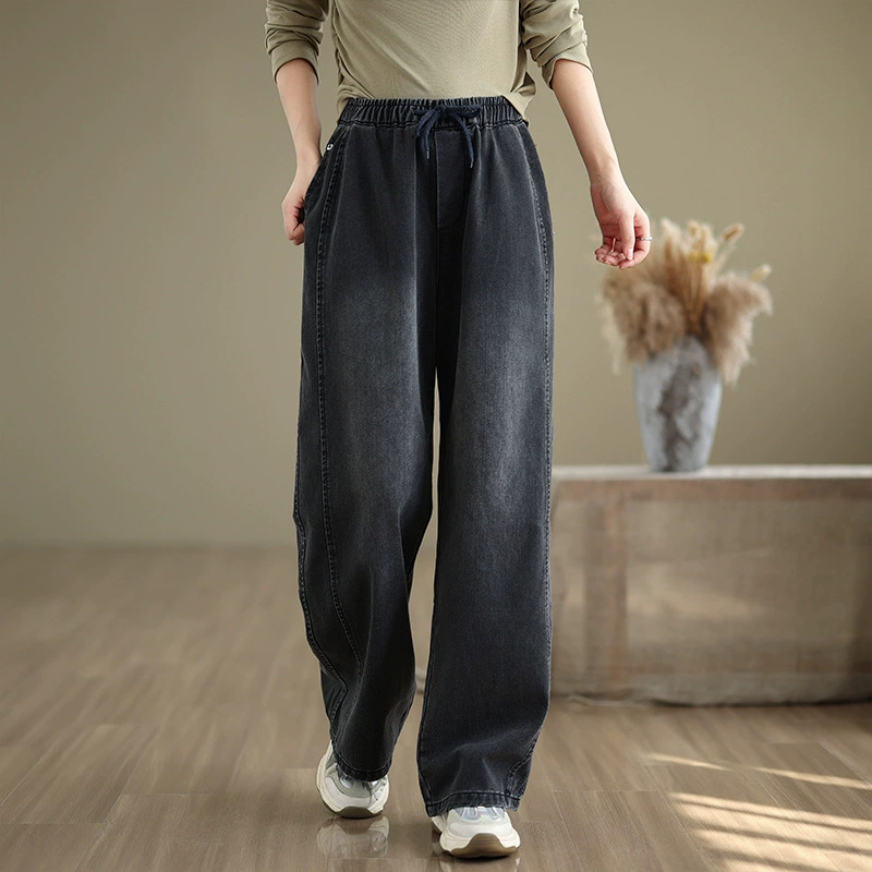 Demi-season loose straight jeans, trousers, for plus size ladies, elastic waist