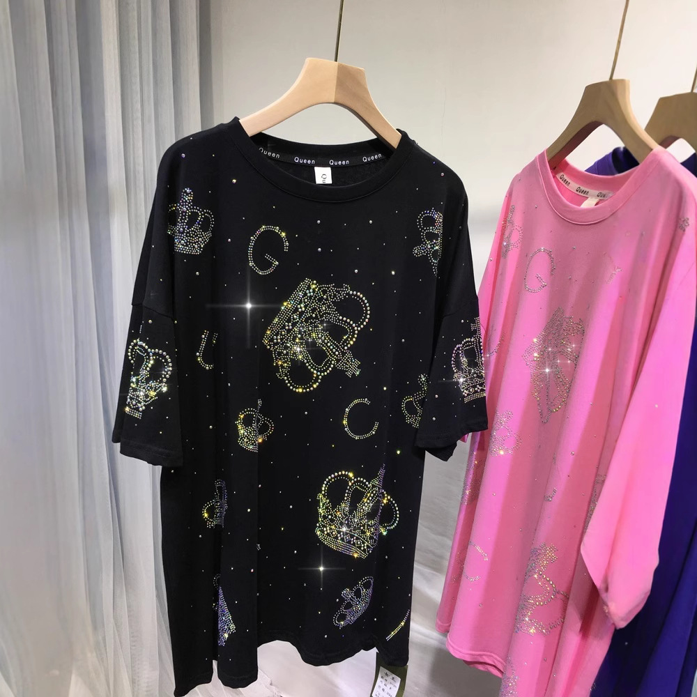 批发跨境专卖大码300斤重工烫钻皇冠闪亮时尚洋气上衣短袖T恤女夏