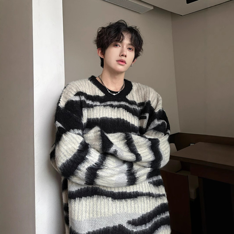 Mohair Contrast Striped Sweater Men's 2024 Autumn and Winter New Loose Lazy Style High-grade Sweater Jacket