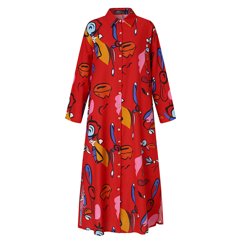 Spring, summer, autumn Season Wholesale Women's Vintage Style Bohemian Commute Style Printing Printing Office Indoor Daily Turndown Long Sleeve Swing Dress