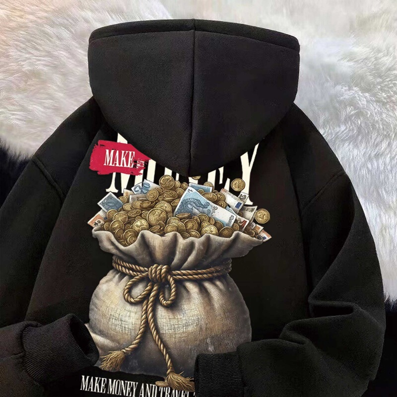 American Retro Money Bag Print New Hooded Sweatshirt Men's Trendy High Street Loose Street Couple Hoodie Jacket