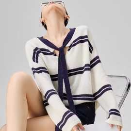 前后两穿马海毛撞色条纹系带长袖针织衫上衣女韩系早秋季穿搭小众