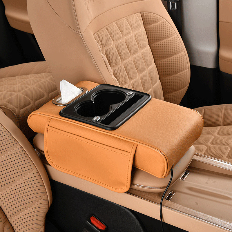Rechargeable Car Armrest Box Heightening Pad with Cup Holder
