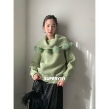CZ ZHANG秋冬加厚大翻领围脖保暖毛衣女甜美毛球宽松针织衫A45275