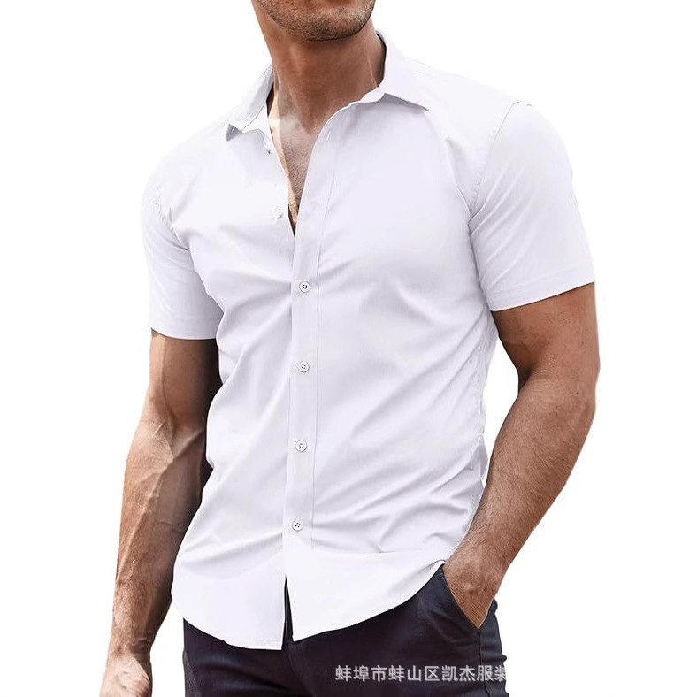 Summer muscle men slim fit dress short sleeve solid color shirt iron-free slightly elastic casual button shirt a generation of hair