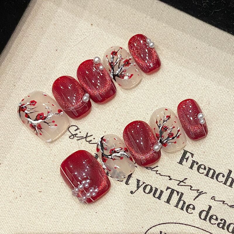 Artistic Winter Atmosphere with Chinese Style Hand-Painted Winter Atmosphere, Whitening Handmade Wearable Manicure Patches, Fake Nails, Short Style Artistic Winter Atmosphere with Chinese Style Hand-Painted Winter Atmosphere, Whitening Handmade Wearable Manicure Patches, Fake Nails, Short Style