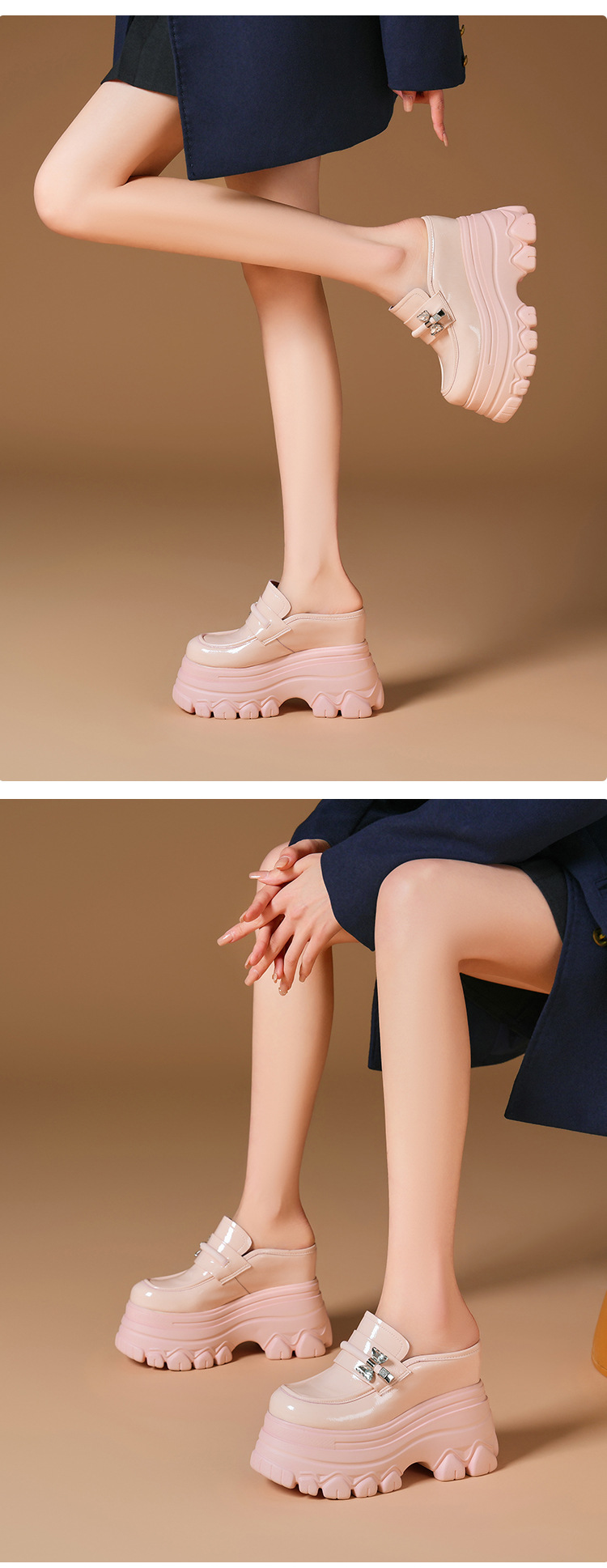 Sandal cao gót nữ mũi hở đế xuồng platform da bóng gót 12 cm — màu đen chi tiết 5
