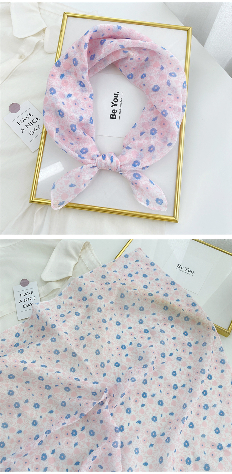 Korean flower cotton and linen small square scarfpicture11