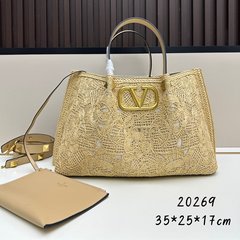 2025夏季新款工厂直批V扣柳钉链条托特包购物袋斜挎包拉菲草编织