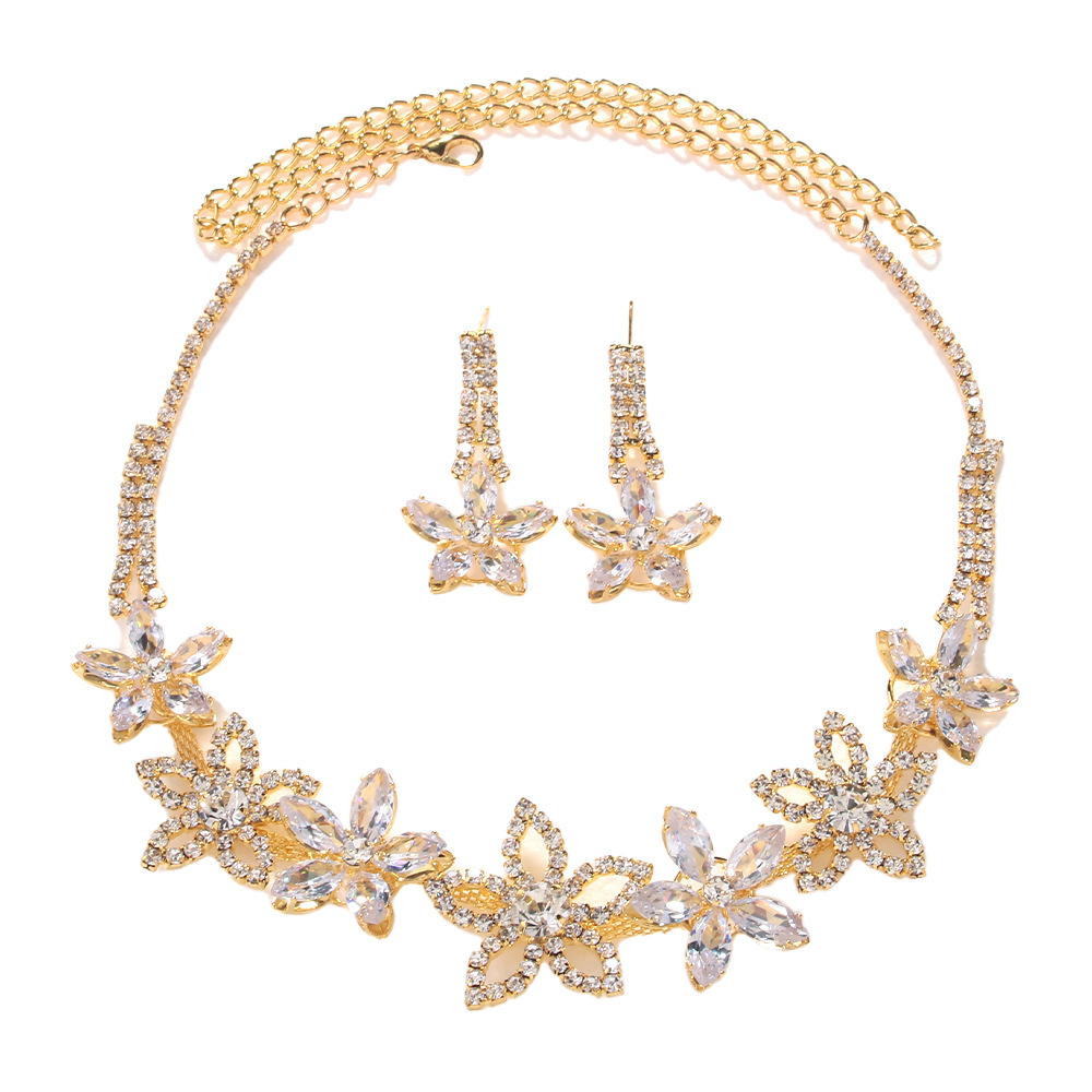 Nuevo conjunto de joyería de flores transfronterizas lleno de perforación clavícula temperamento pendientes accesorios de boda mujer conjunto de joyería