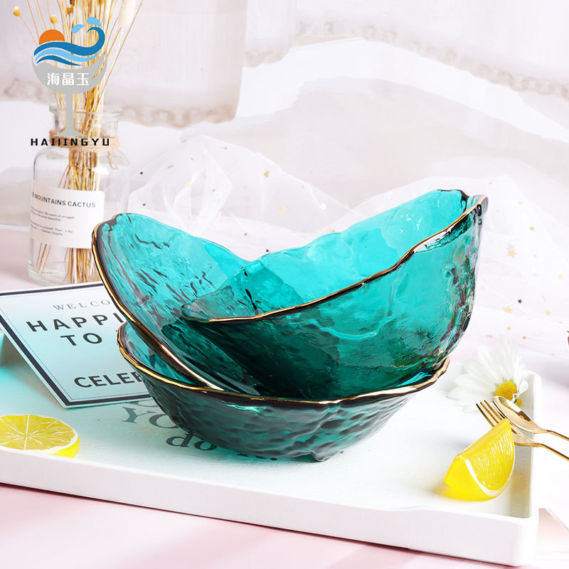Scandinavian Style Gold-Rimmed Glass Bowl and Plate Set Creative Glass Salad Bowl Home Fruit Plate Dessert Snack Tray