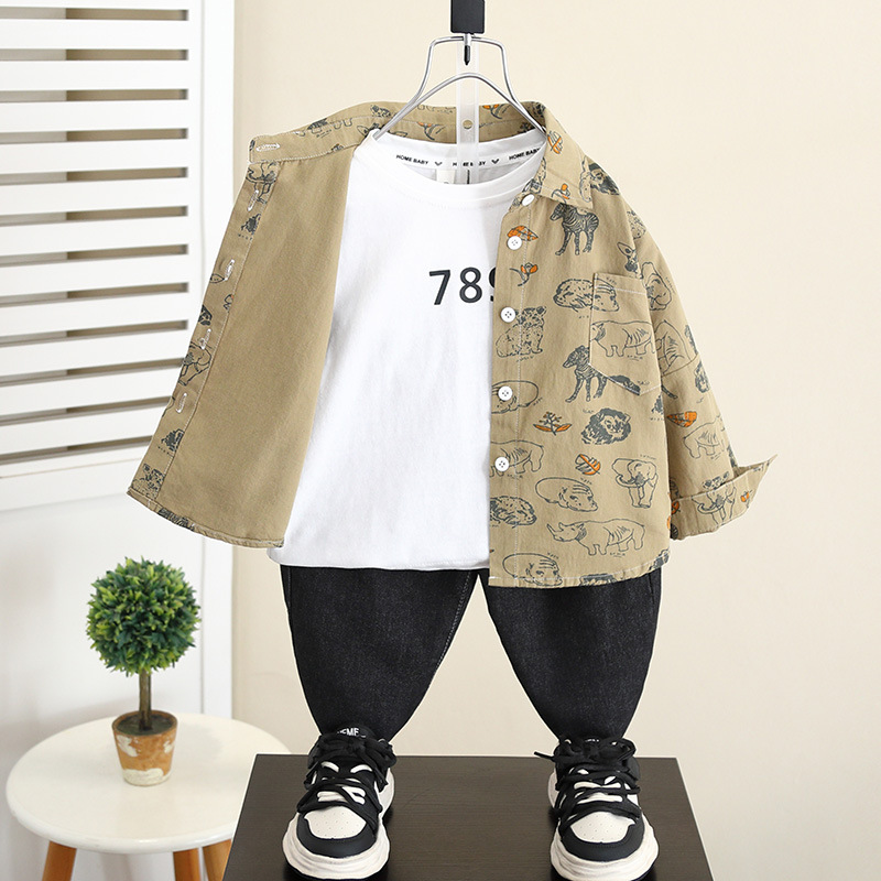 5837 Camisa de dibujos animados para niños Primavera y otoño para niños Camisa coreana de manga larga de estilo occidental 2025 nueva chaqueta para niños