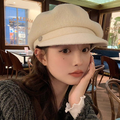Korean style versatile woolen beret hat for women, autumn and winter casual temperament peaked hat British retro painter hat