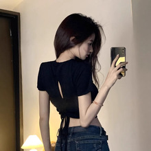 纯棉纯欲甜辣妹性感露背短款上衣女夏设计感小众系带短袖t恤