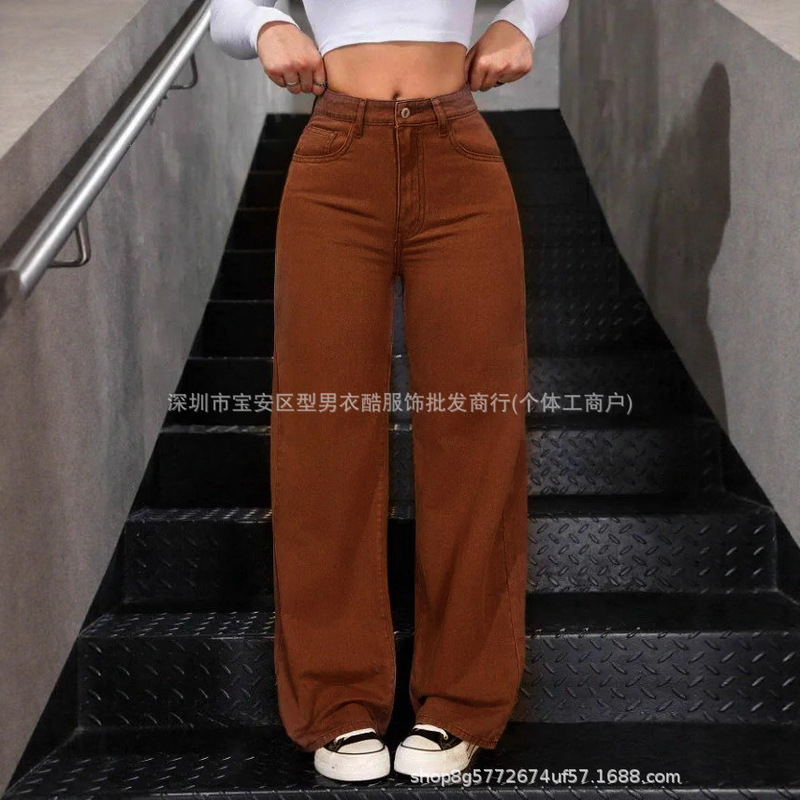 Brown Jeans for Women, Spring 2025, Korean Style, High-Waisted, Slimming, Washed Straight-Leg Pants, Versatile Long Pants, Cross-Border Wholesale