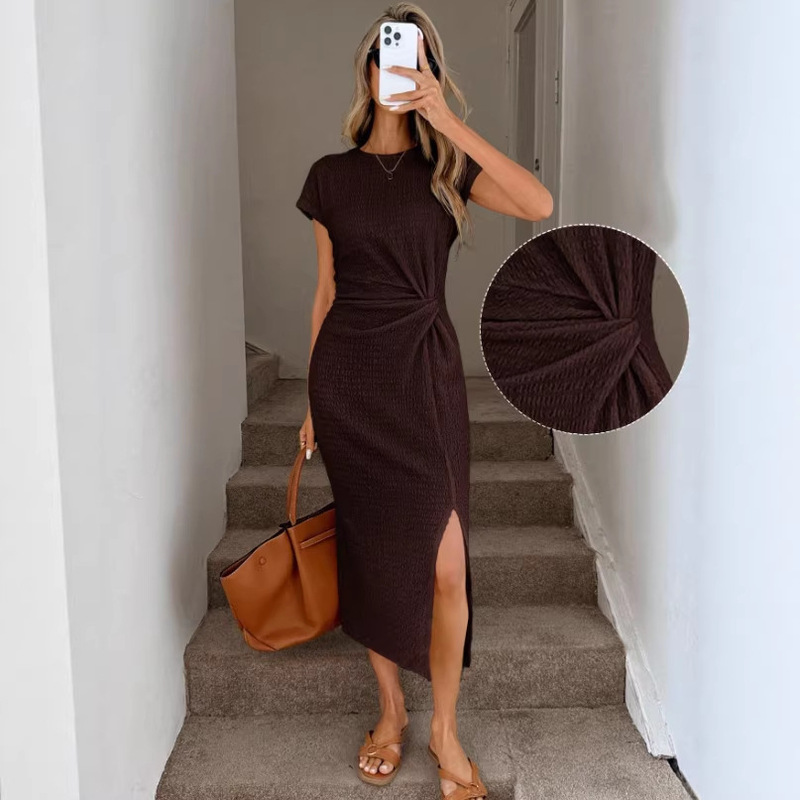 Amazon Foreign Trade Retro Modern Style Round Neck Short-Sleeved Waist-Cinching Slit Mid-Length Elegant Ladies' Dress Amazon Foreign Trade Retro Modern Style Round Neck Short-Sleeved Waist-Cinching Slit Mid-Length Elegant Ladies' Dress