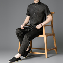 男士衬衫夏季新款短袖仿真丝立领套装中式男装中年爸爸装唐装套装