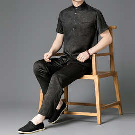 男士衬衫夏季新款短袖仿真丝立领套装中式男装中年爸爸装唐装套装