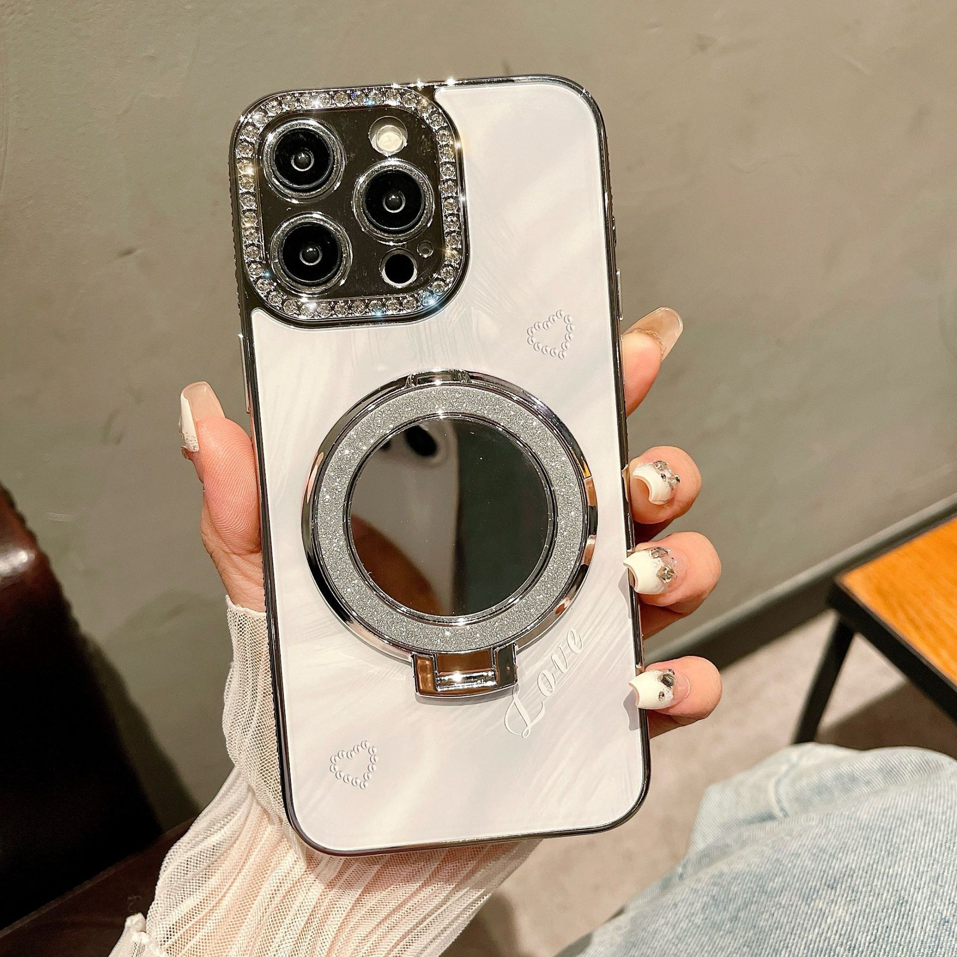 Sencillo florido 16ProMax Soporte de espejo de maquillaje iphone14 Funda para teléfono móvil Apple 15 Mujer 14 Lujo ligero 16