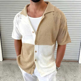 跨境欧美夏季老钱风镂空翻领休闲宽松短袖撞色针织开衫排扣度假