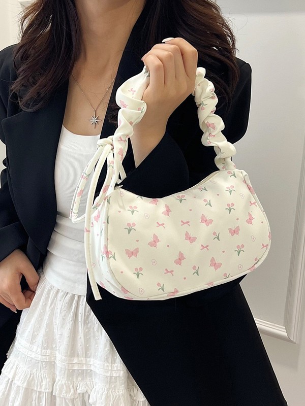 温柔甜美花朵帆布包女2025新款印花单肩包高颜值百搭蝴蝶结腋下包|undefined