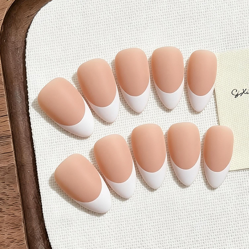 Cross-border solid-color French-style press-on nails, short almond-shaped, with a pure white edge, matte finish, for export Cross-border solid-color French-style press-on nails, short almond-shaped, with a pure white edge, matte finish, for export