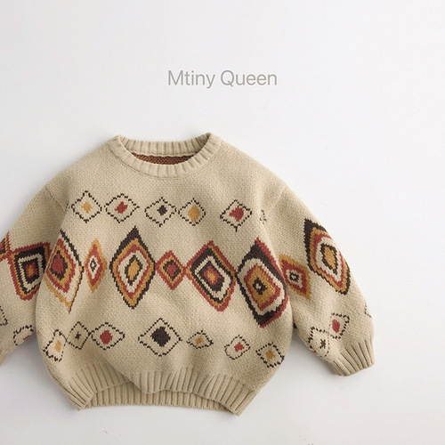 Graffiti rhombus ~ personalized contrasting color children's sweater autumn and winter Korean style men's and women's retro sweater pullover loose forest