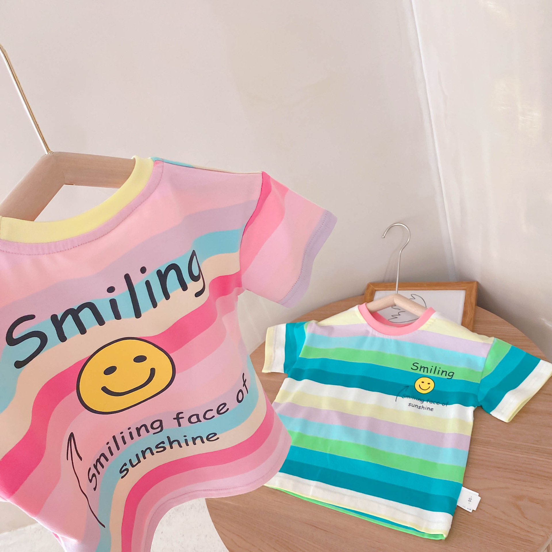 Bangcheng children's wear 2021 summer new pattern Korean Edition Children men and women Smiling face Color bar T-shirt goods in stock wholesale K217