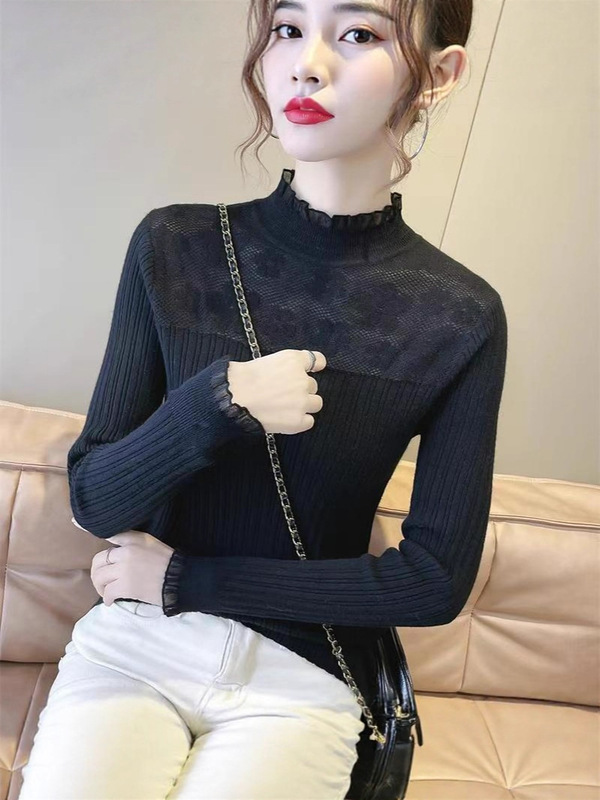 春秋打底衫女2025新款洋蕾丝毛衣针织衫洋气百搭长袖套头上衣纯色|undefined
