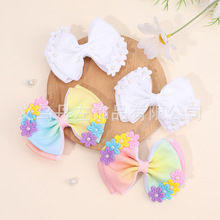 欧美热销儿童蝴蝶结发夹彩色小花发饰双层糖果配色发卡小女孩装扮