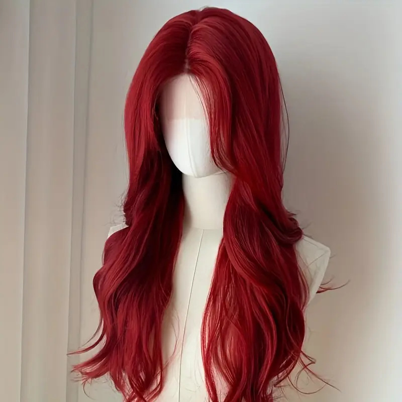 Red Wig for Women with Long Hair, Full Headband, Medium Parted, Big Wavy Long Curly Hair, Natural Artificial Full Wig Set