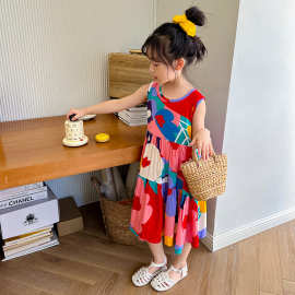 小女孩海边度假裙2023夏季新品女童背心大花裙儿童卡通连衣裙Q412