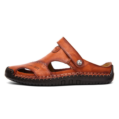 Summer and Autumn Men's Large Size Leather Sandals Men's Fashion Real Leather Beach Shoes Casual Slippers Men's Stitched Shoes