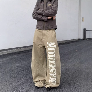 外贸美式复古字母印花阔腿牛仔裤男宽松工装高街风直筒休闲长裤