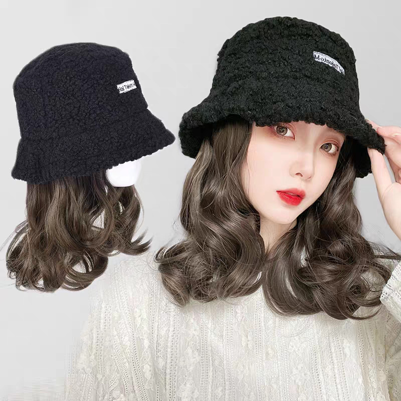 Hat wig women short hair curly hair wholesale autumn and winter net red trend lamb hat fisherman hat wig set wholesale