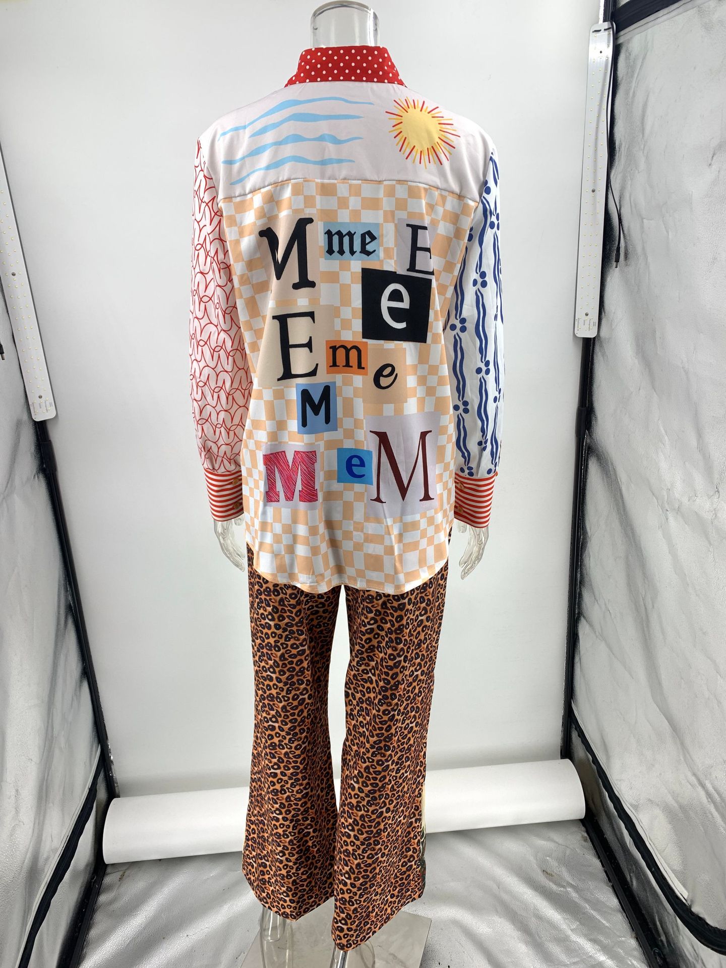 Casual Vacation Leopard Print Long Sleeved Shirt Trousers Two Piece Suit