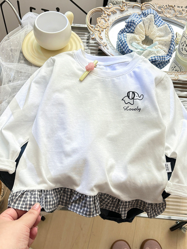 儿童秋款纯棉长袖T恤女童圆领休闲上衣 宝宝花边纯色打底内搭童装|undefined