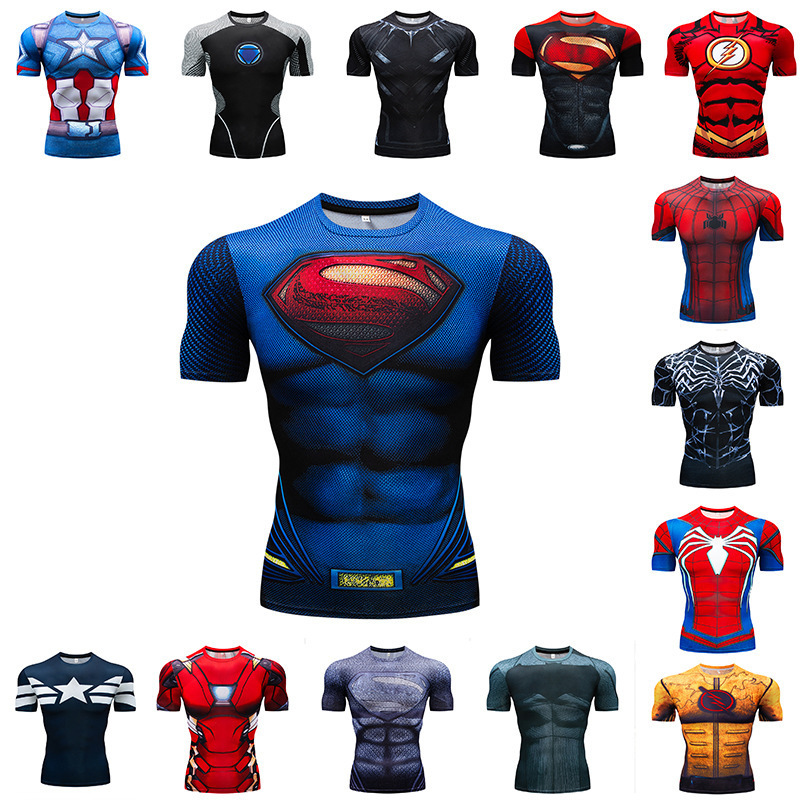 ヨーロッパとアメリカのアベンジャーズ 3D Tシャツスポーツタイツメンズ吸汗性フィットネスバスケットボールユニフォームメンズ半袖弾性|undefined